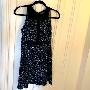 NWOT Like Mynded Blue Floral w/ Black Mesh Dress